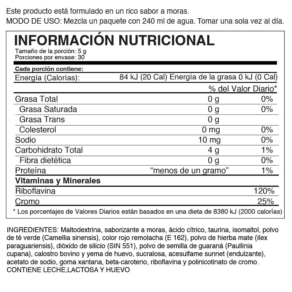 Tabla de información nutricional de Energy Go Stix Berry